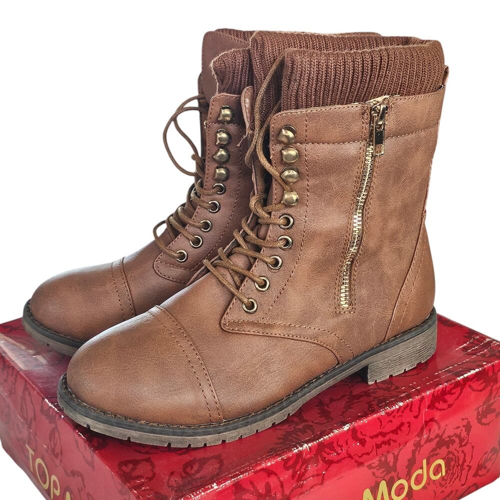 Top Moda Women's Faux Leather Combat Boots with Knit Cuffs, Size 8.5, New